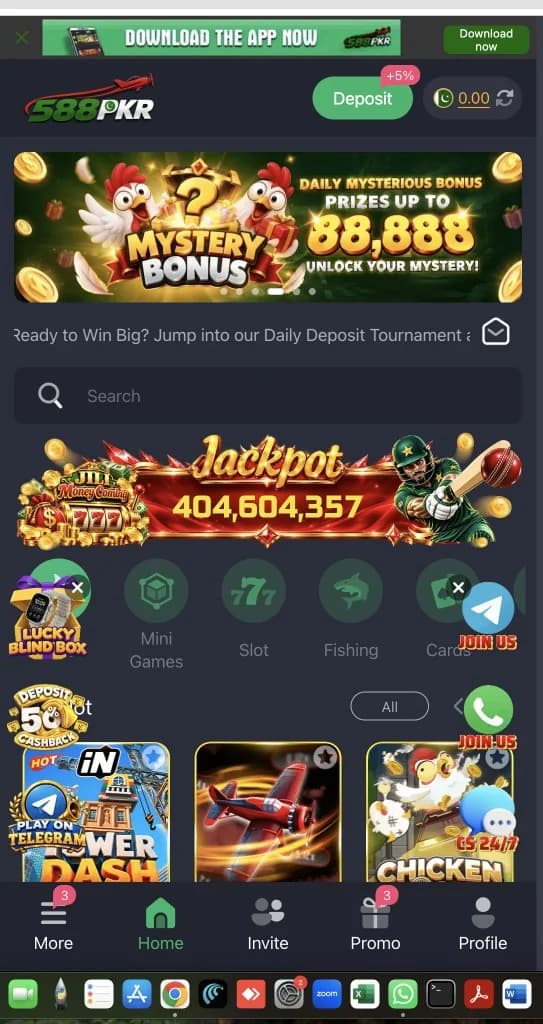 588Pkr Game home lobby with 588PKR header, Deposit, Mini Games Slot Fishing Cards tabs, Aviator-style tile, Tower Dash, and Chicken