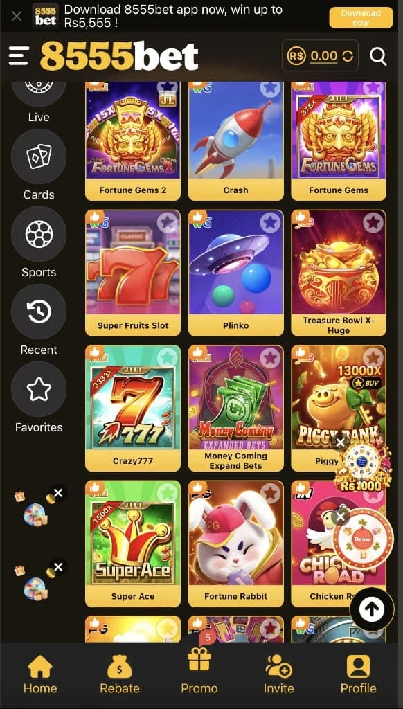 8555bet Game home lobby with 8555bet header, Fortune Gems, Crash, Plinko, Crazy777, and Piggy Bank tiles
