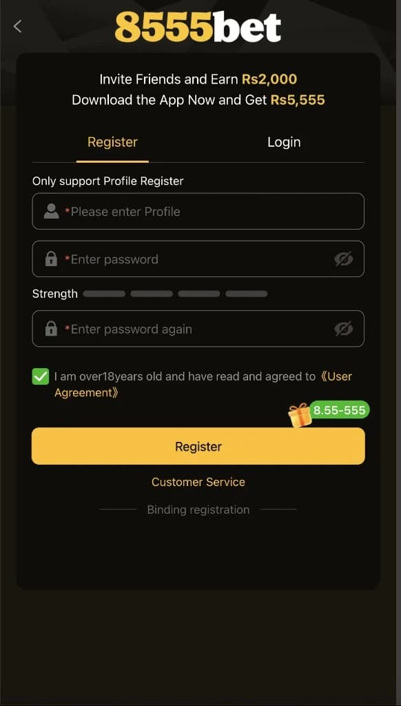 8555bet Game register screen with 8555bet header, profile field, password, 18+ checkbox, and Register button
