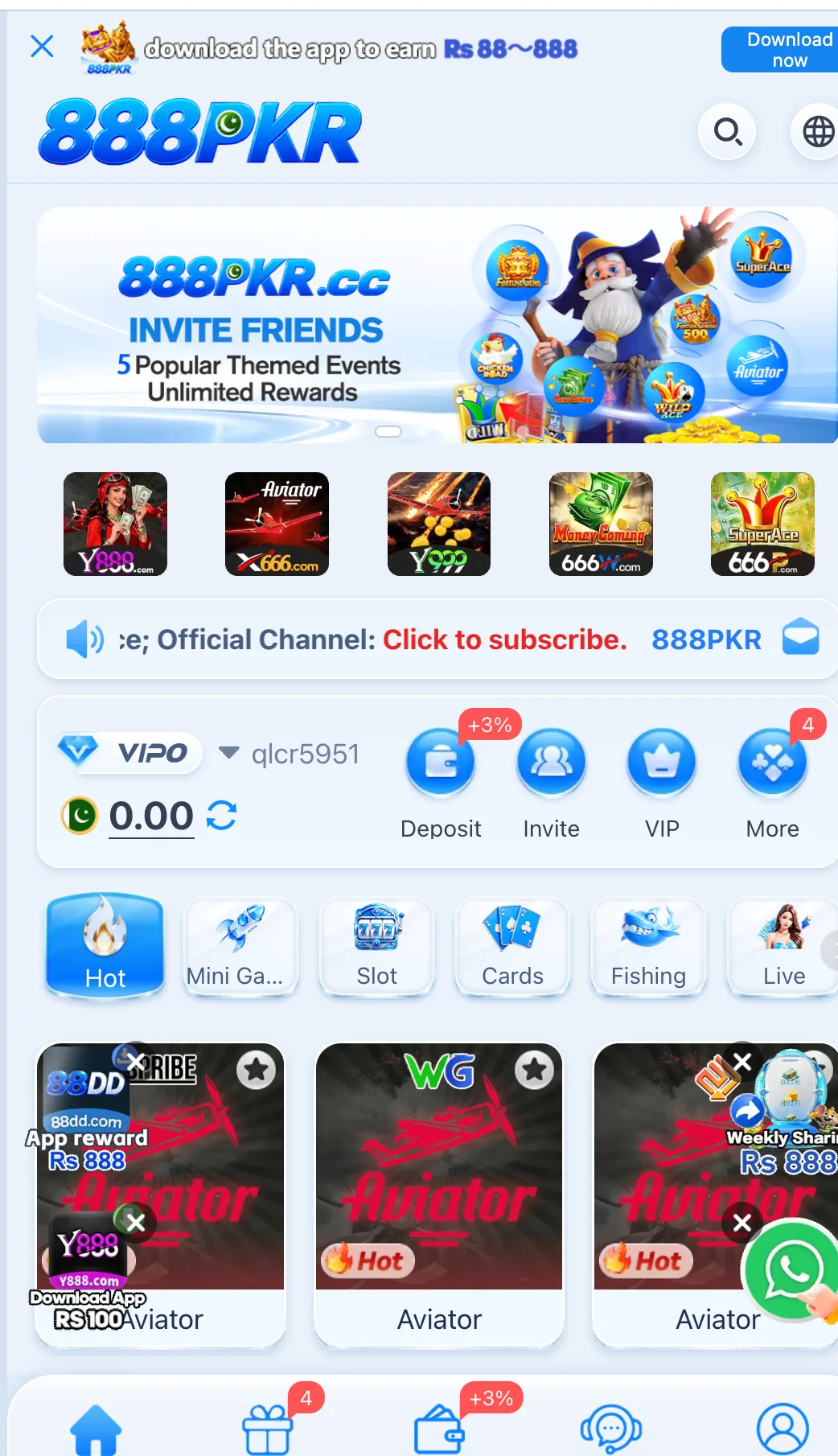 888Pkr Game home lobby with 888PKR header, Aviator tiles, Hot Mini Games Slot Cards Fishing Live tabs