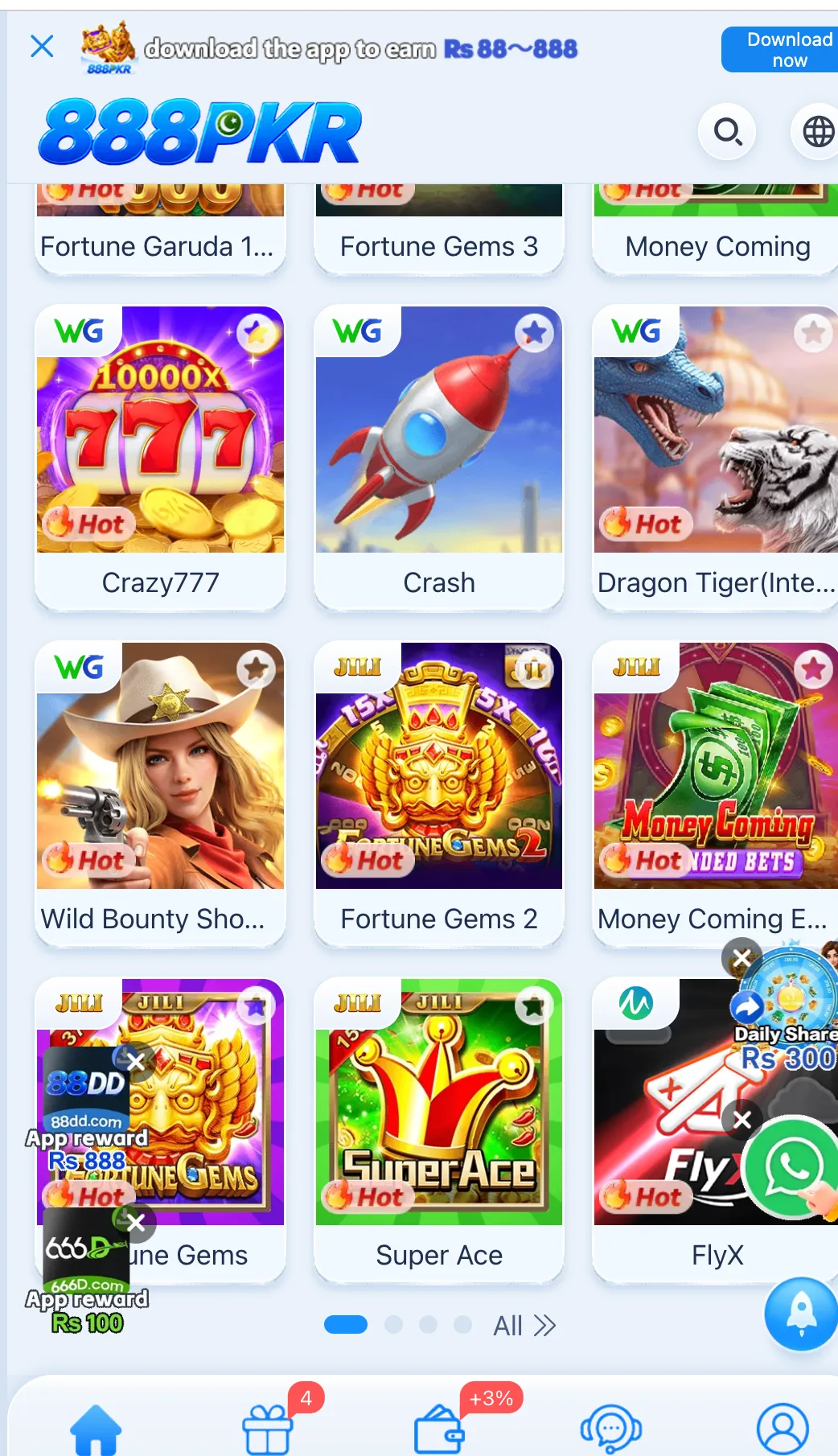 888Pkr Game slot grid with Fortune Gems, Super Ace, Crazy777, Crash, and Money Coming