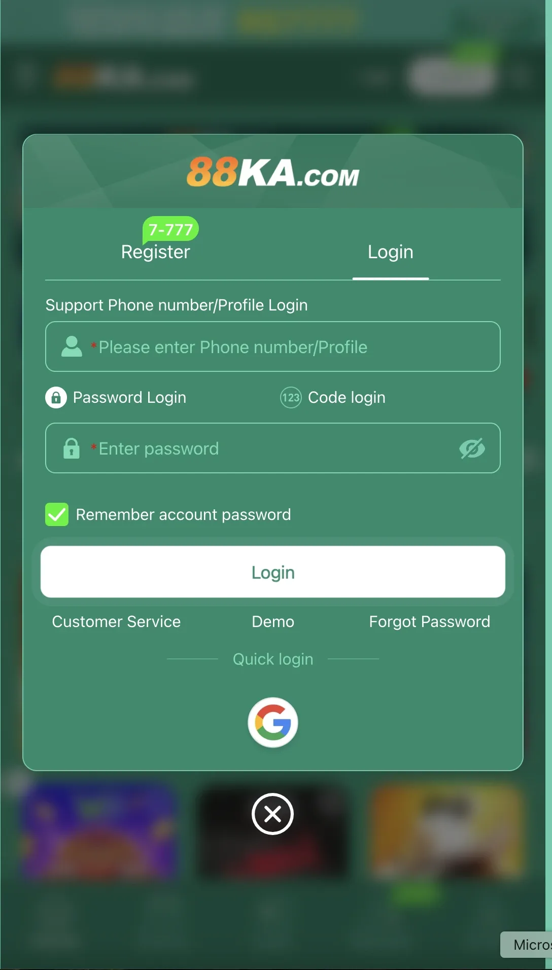 88ka Game login screen with password login, code login, remember password, and Google quick login