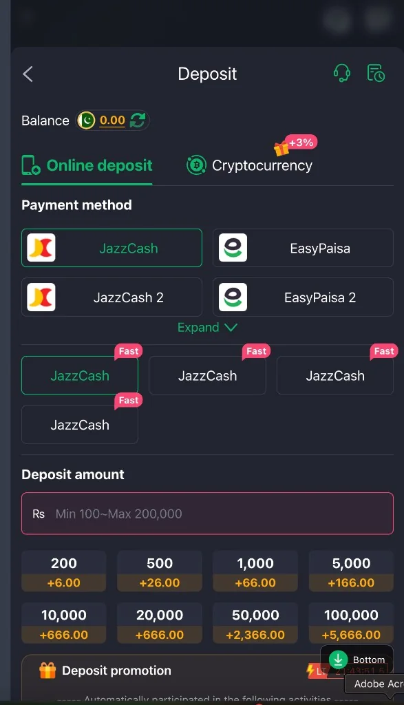 PKR365 deposit screen showing JazzCash, EasyPaisa, Cryptocurrency tab, and PKR 100 to 200000 deposit range