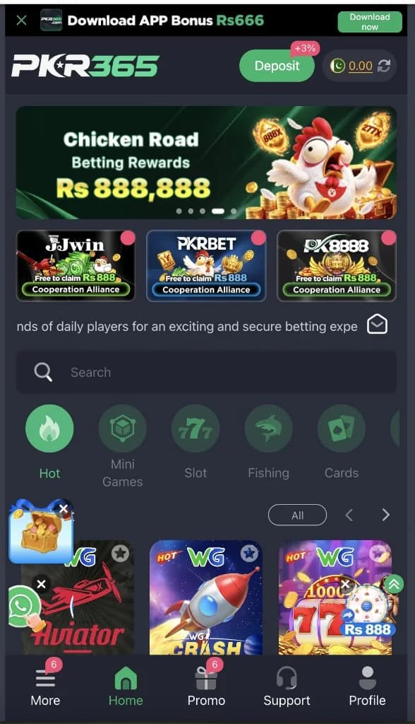 PKR365 Game home with PKR365 header, Deposit, Chicken Road banner, Aviator, WG Crash, and Slot Fishing Cards tabs