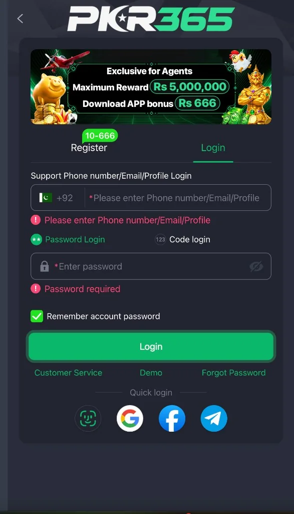 PKR365 login screen with phone email or profile field, password or code login, Remember password, Demo, and Forgot Password