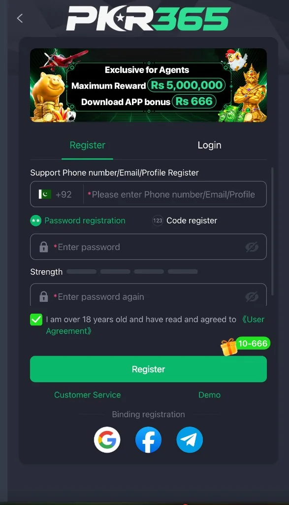 PKR365 registration screen with phone email or profile field, password fields, 18 plus agreement, and Google Facebook Telegram options