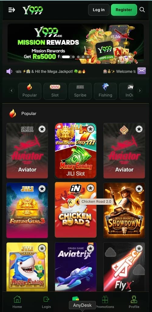 Y999 Game home lobby with Y999 header, Aviator, Fortune Gems 3, Chicken Road 2, Happy Fishing, and Fishing tab