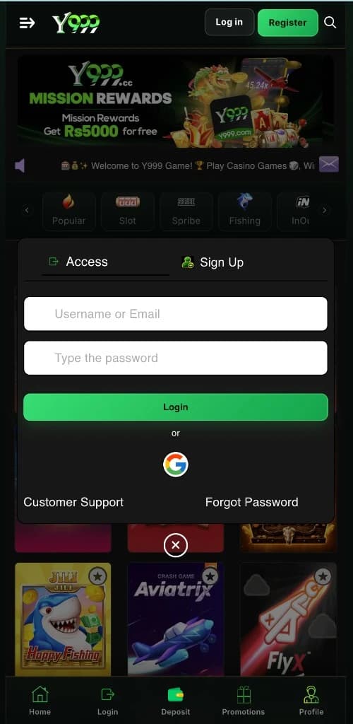 Y999 Game Access login with username or email, password, Forgot password, and Google login