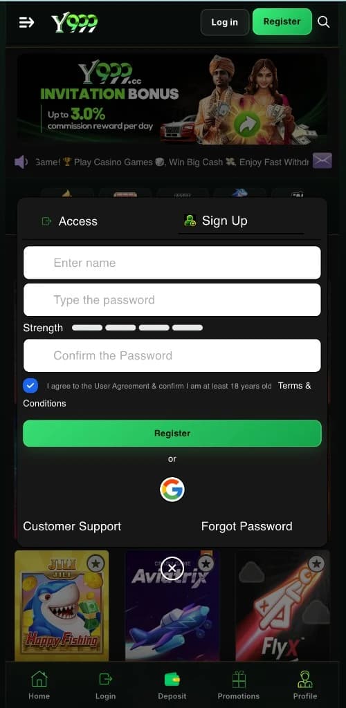 Y999 Game Sign Up popup with name, password, confirm password, 18+ checkbox, and Google bind